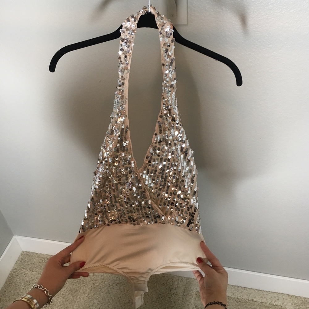 SHOP AKIRA sexy gold sequin bodysuit, NWOT
